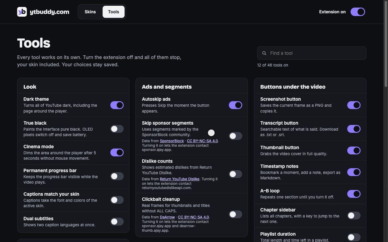 ytbud Tools page